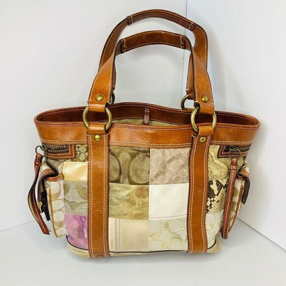 COACH #10002 Gold & Patchwork Leather Trim Tote / Shoulder Bag - Picture 2 of 14